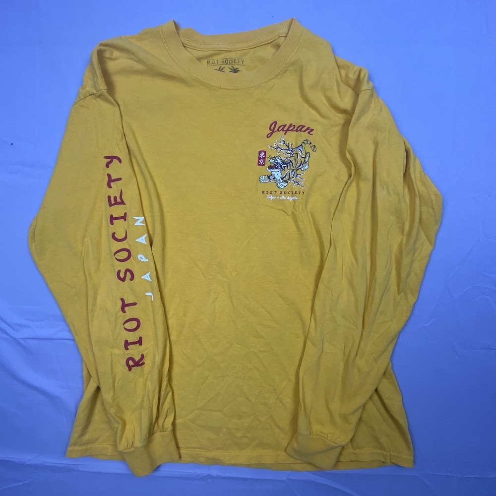 Riot Society Men's Japan Tiger Graphic Long Sleeve T-Shirt Size L Yellow Cotton